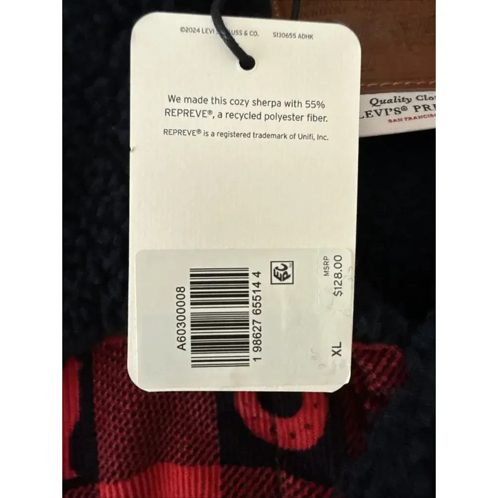 Levi’s Premium Sherpa Trucker Jacket XL Red Plaid Western Print New